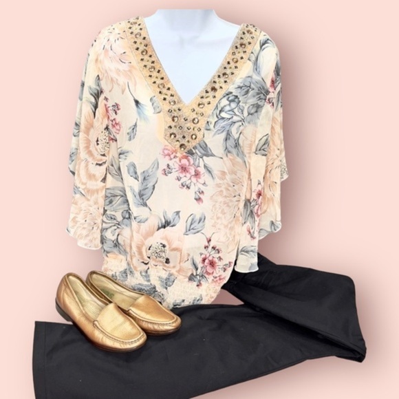 Studio Y Tops - Studio Y Beaded Floral Blouse Medium Sheer Boho Top